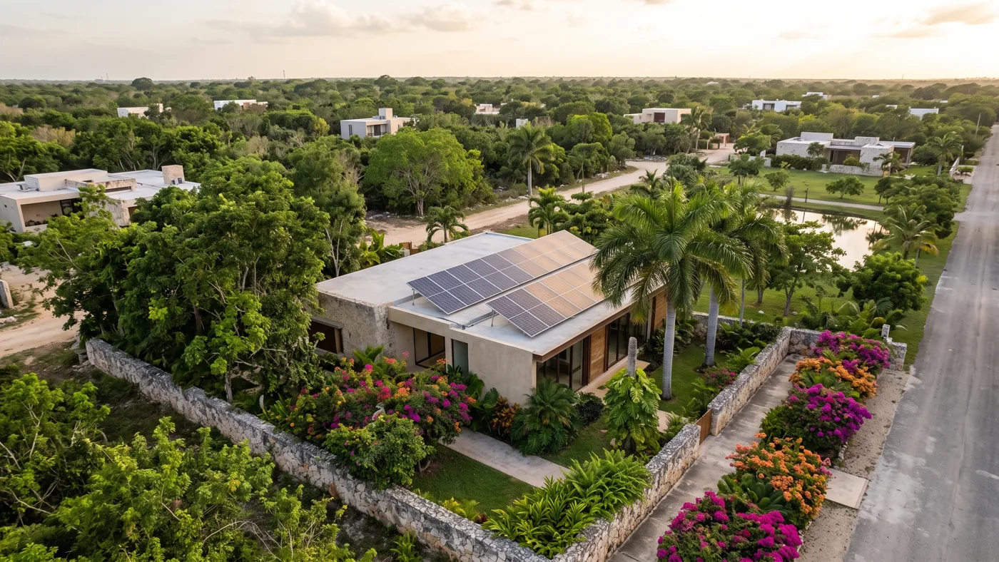 Casa en Cholul con paneles solares en el techo, vista aérea al atardecer